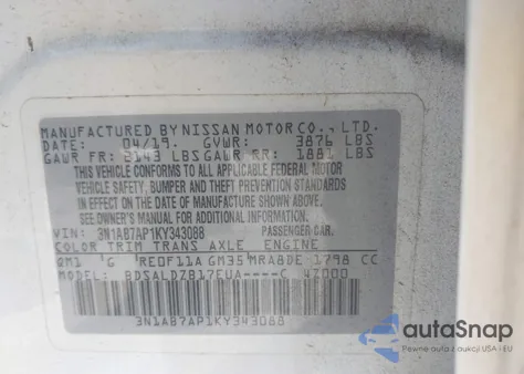 2019 Nissan Sentra Sv from USA, damaged, VIN 3N1AB7AP1KY343088